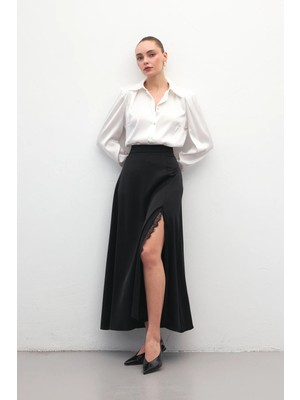 Sateen Dantel Detaylı Saten Etek - Siyah