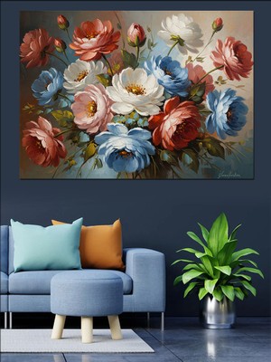 Artmeg Vazoda Beyaz ve Pembe Çiçek Buketi Dekoratif Kanvas - Mdf Ahşap Tablo