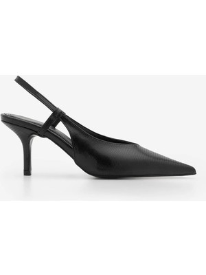 Marjin Kadın Stiletto Sivri Burun Arkadan Bantlı V Yaka Kısa Ince Topuklu Ayakkabı Nogra Siyah Yılan