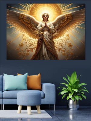 Artmeg Altın Kanatlı Melek Figürü Tablo Dekoratif Kanvas - Mdf Ahşap Tablo