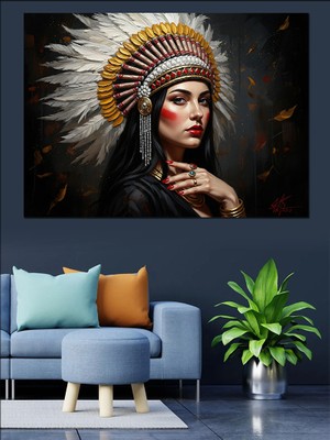 Artmeg Kızılderili Kadın ve Tüylü Başlık Dekoratif Kanvas - Mdf Ahşap Tablo