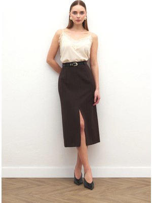 Sateen Anna Yırtmaçlı Etek - Kahve