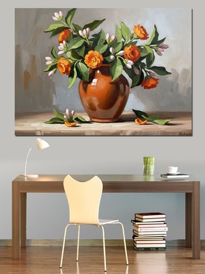 Artmeg Vazoda Turuncu Güller Natürmort Sanatı Dekoratif Kanvas - Mdf Ahşap Tablo