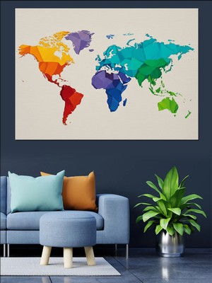 Artmeg Renkli Dünya Haritası Kanvas Tablo Dekoratif Kanvas - Mdf Ahşap Tablo