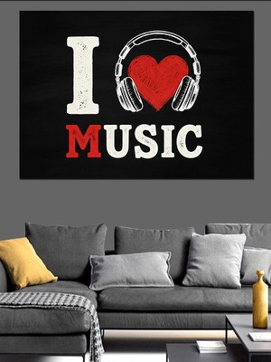 Artmeg I Love Music Kalp Kulaklık Dekoratif Kanvas - Mdf Ahşap Tablo