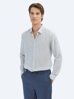 Kip Mavi Çizgili Regular Fit Dokuma Casual Pamuk Karışımlı Gömlek