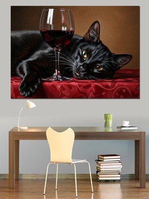 Artmeg Masada Şarap Kadehi Yanındaki Kedi Dekoratif Kanvas - Mdf Ahşap Tablo