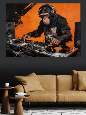 Artmeg Dj Kulaklıklı Müzisyen Maymun Figürü Dekoratif Kanvas - Mdf Ahşap Tablo