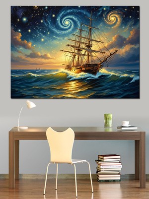 Artmeg Yıldızlı Gece Altında Yelkenli Gemi Dekoratif Kanvas - Mdf Ahşap Tablo