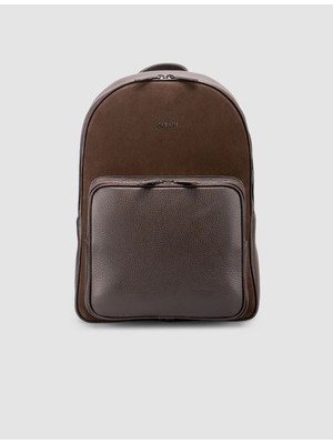 Cabani Kahverengi Hakiki Deri Erkek Sırt Çantası (Ön Cepli, Fermuarlı)