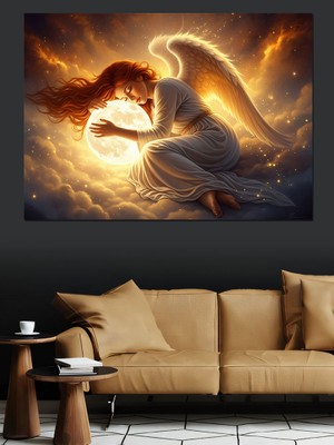 Artmeg Ay Işığında Dua Eden Kanatlı Melek Dekoratif Kanvas - Mdf Ahşap Tablo