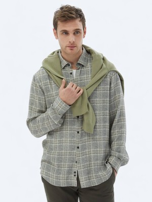 Kip Bej Kareli Regular Fit Dokuma Casual Gömlek