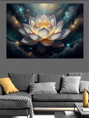Artmeg Karanlıkta Parlayan Beyaz Lotus Çiçeği Dekoratif Kanvas - Mdf Ahşap Tablo