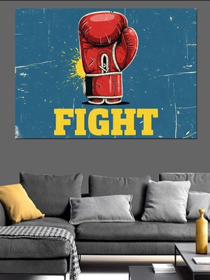 Artmeg Boks Eldiveni ve Fight Yazısı Dekoratif Kanvas - Mdf Ahşap Tablo