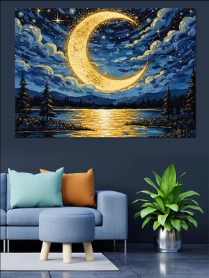 Artmeg Yıldızlı Gecede Hilal ve Deniz Dekoratif Kanvas - Mdf Ahşap Tablo
