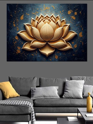 Artmeg Altın Renkli Lotus Çiçeği Tablosu Dekoratif Kanvas - Mdf Ahşap Tablo
