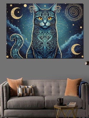 Artmeg Gece Mavisi Desenli Mistik Kedi Dekoratif Kanvas - Mdf Ahşap Tablo