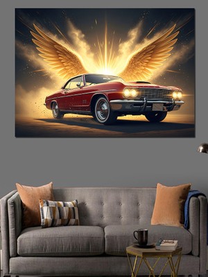 Artmeg Melek Kanatlı Kırmızı Klasik Araba Dekoratif Kanvas - Mdf Ahşap Tablo