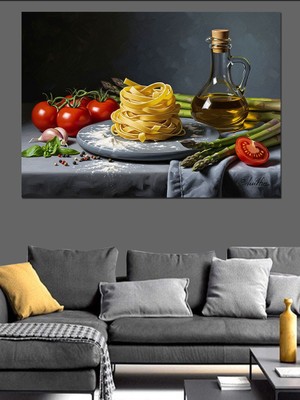 Artmeg Taze Makarna ve Zeytinyağı Sofrası Dekoratif Kanvas - Mdf Ahşap Tablo