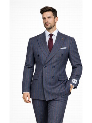 FABIO CASSEL Fabıo Cassel Çizgili Kruvaze Erkek Takım Elbise Slim Fit