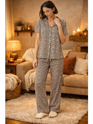 Nisanca Kısa Kollu Milan Gömlek Pijama Takımı- Genç Anne Serisi- Leopar