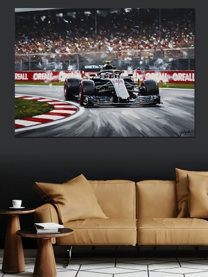 Artmeg Pistte Hızla Ilerleyen Yarış Arabası Dekoratif Kanvas - Mdf Ahşap Tablo