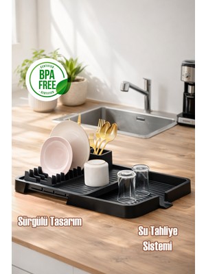 Porsima 5327 Açılır Kapanır Bulaşık Tepsisi Bulaşıklık Tezgah Üstü Kurutmalık Durulama Matı Su Akıtma Kanallı Bulaşık Sepeti