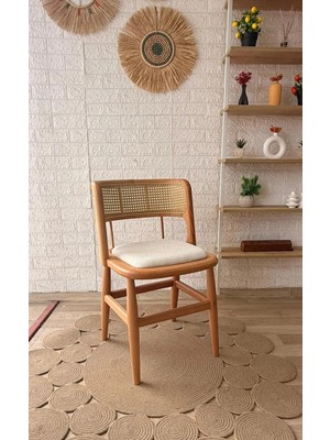 Silla Concept Odin Sandalye Teddy Krem Kumaş Hasırlı Naturel Ahşap Sandalye
