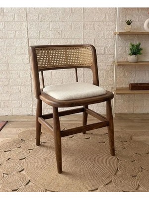Silla Concept Odin Sandalye Teddy Krem Kumaş Hasırlı Ceviz Ahşap Sandalye