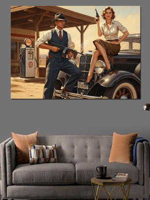 Artmeg Silahlı ve Şık Klasik Gangster Çift Dekoratif Kanvas - Mdf Ahşap Tablo
