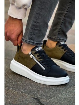 Zerenyus ZRC601 - Lüx Süet Fermuarlı Erkek Sneaker Siyah Haki