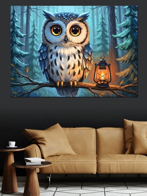 Artmeg Gece Ormanda Fenerli Bilge Baykuş Dekoratif Kanvas - Mdf Ahşap Tablo