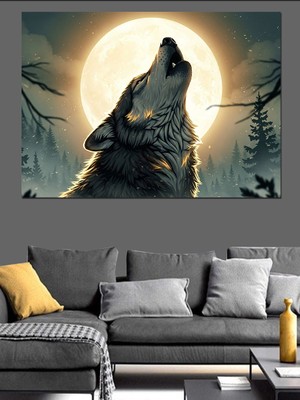 Artmeg Dolunay Önünde Uluyan Vahşi Kurt Dekoratif Kanvas - Mdf Ahşap Tablo