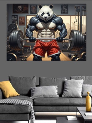 Artmeg Kaslı Panda Ağırlık Kaldıran Illüstrasyon Dekoratif Kanvas - Mdf Ahşap Tablo