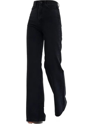 Livik Kadın Likralı Siyah Denim Kot Palazzo Pantolon Süper Yüksek Bel Bol Paça Konforlu Kullanım