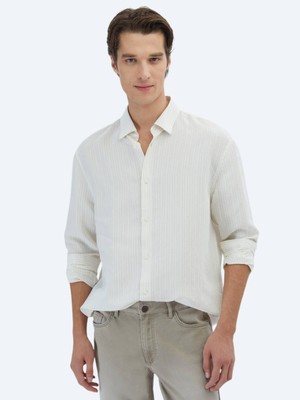 Kip Safran Çizgili Oversize Fit Dokuma Casual Gömlek