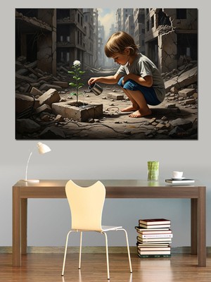 Artmeg Yıkıntılar Arasında Oturan Küçük Çocuk Dekoratif Kanvas - Mdf Ahşap Tablo