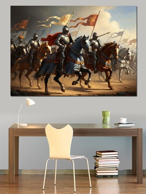 Artmeg Savaş Atları Üzerinde Zırhlı Askerler Dekoratif Kanvas - Mdf Ahşap Tablo