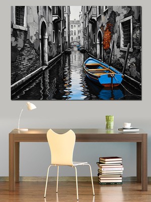 Artmeg Venedik Kanalında Yalnız Mavi Tekne Dekoratif Kanvas - Mdf Ahşap Tablo