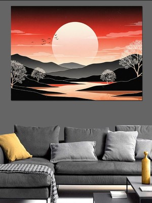 Artmeg Dağların Arkasından Doğan Dev Güneş Dekoratif Kanvas - Mdf Ahşap Tablo