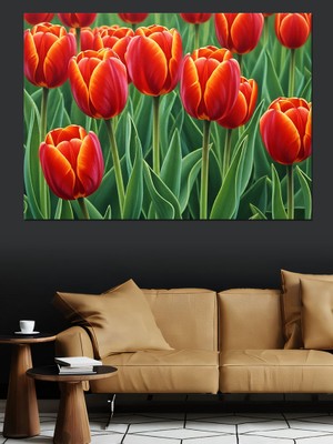 Artmeg Kırmızı Lale Tarlası Doğa Manzarası Dekoratif Kanvas - Mdf Ahşap Tablo