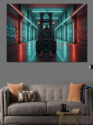 Artmeg Kırmızı Işıklı Modern Koridor Forklift Dekoratif Kanvas - Mdf Ahşap Tablo