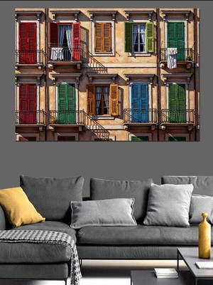 Artmeg Renkli Panjurlu Tarihi Bina Cephesi Dekoratif Kanvas - Mdf Ahşap Tablo