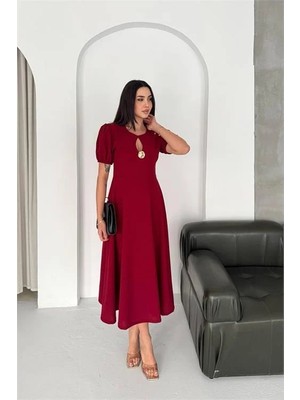 Dip Moda Kadın Kırmızı Balon Kol Gold Broş Detaylı Midi Boy Elbise DPK4563