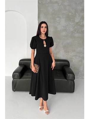 Dip Moda Kadın Siyah Balon Kol Gold Broş Detaylı Midi Boy Elbise DPK4563