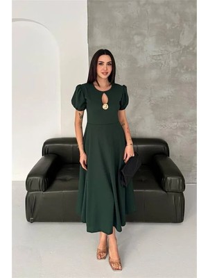 Dip Moda Kadın Siyah Balon Kol Gold Broş Detaylı Midi Boy Elbise DPK4563