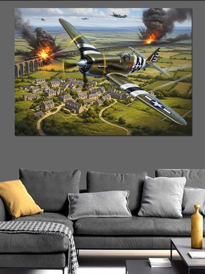 Artmeg Savaş Alanında Uçan Pervaneli Uçaklar Dekoratif Kanvas - Mdf Ahşap Tablo