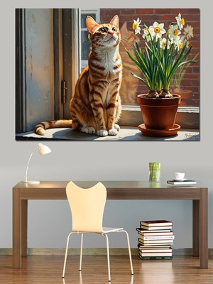 Artmeg Pencere Kenarında Duran Tekir Kedi Dekoratif Kanvas - Mdf Ahşap Tablo