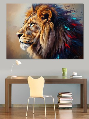 Artmeg Renkli Yeleli Görkemli Aslan Portresi Dekoratif Kanvas - Mdf Ahşap Tablo