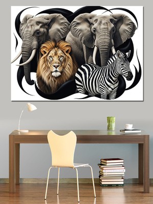 Artmeg Aslan,fil ve Zebra Portresi Dekoratif Kanvas - Mdf Ahşap Tablo